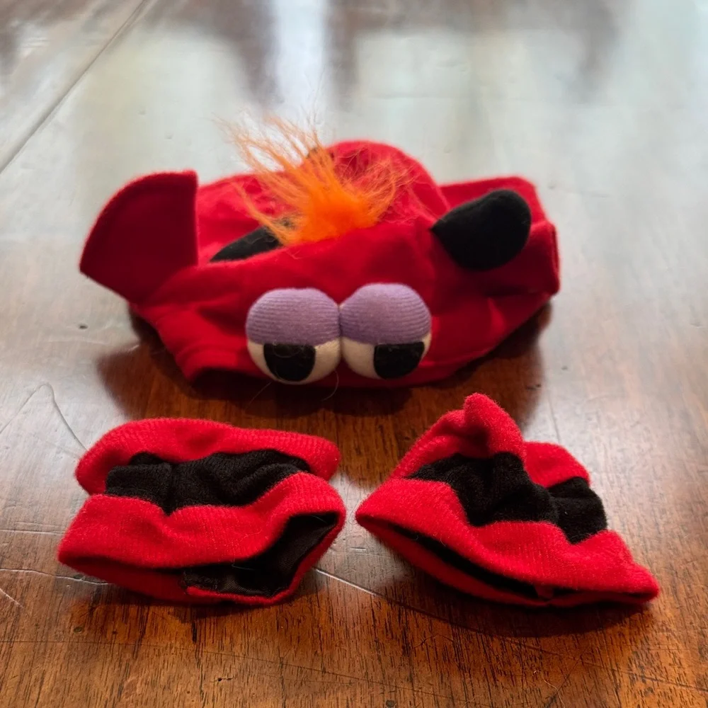 Red and Black Dog Monster Halloween Hat and 2 Mitten Bands for front feet